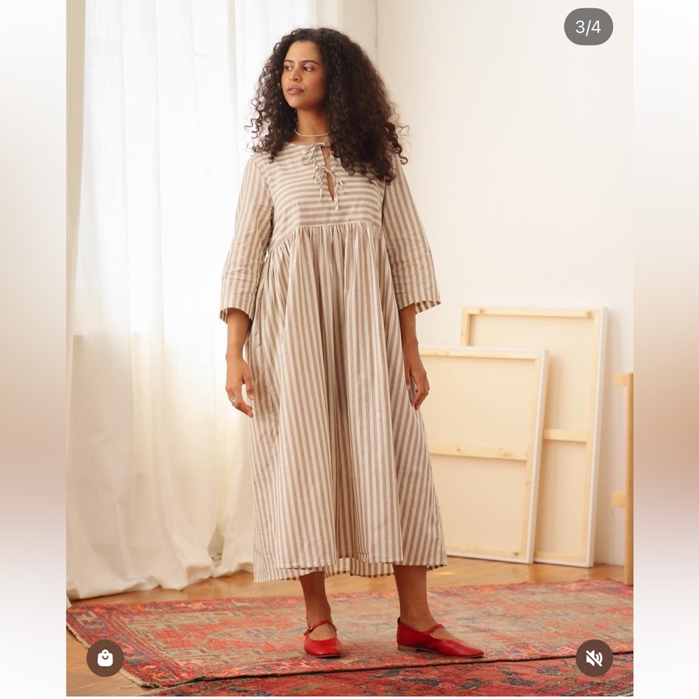 Tradlands Birdie Bell Sleeve Dress Mocha Stripe NEW
